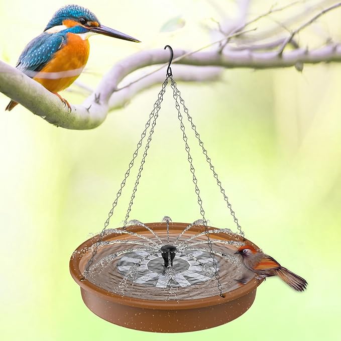 AISITIN 12 Inch Hanging Bird Bath with Solar Fountain, Outdoor Solar Powered Hanging Bird Bath Fountain, Multi-Functional Bird Basin for Drinking & Feeding, Solar Water Pump for Garden Patio Yard