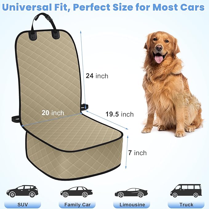 ELONGRIVER Dog Car Seat Covers, Waterproof Front Seat Cover for Dogs, Scratch-Proof, Nonslip Pet Passenger Seat Cover Protector, Universal Fit for Cars Trucks SUVs, Standard Size, Khaki