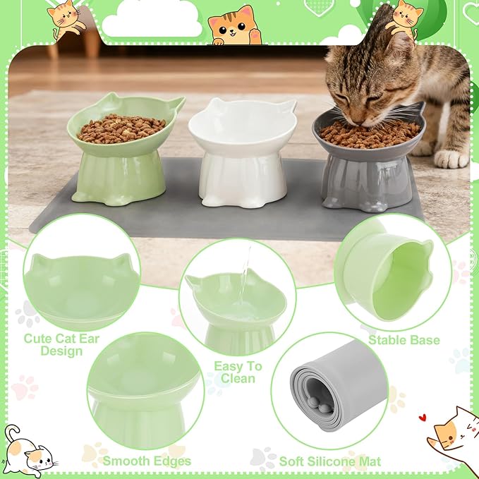 3 Pcs Elevated Cat Bowls 15°Raised Cat Food Bowl with Silicone Mat Whisker Friendly Anti Vomiting Cats Dishes Pet Food and Water Bowls for Indoor Cats Kittens Classic 3 Colors