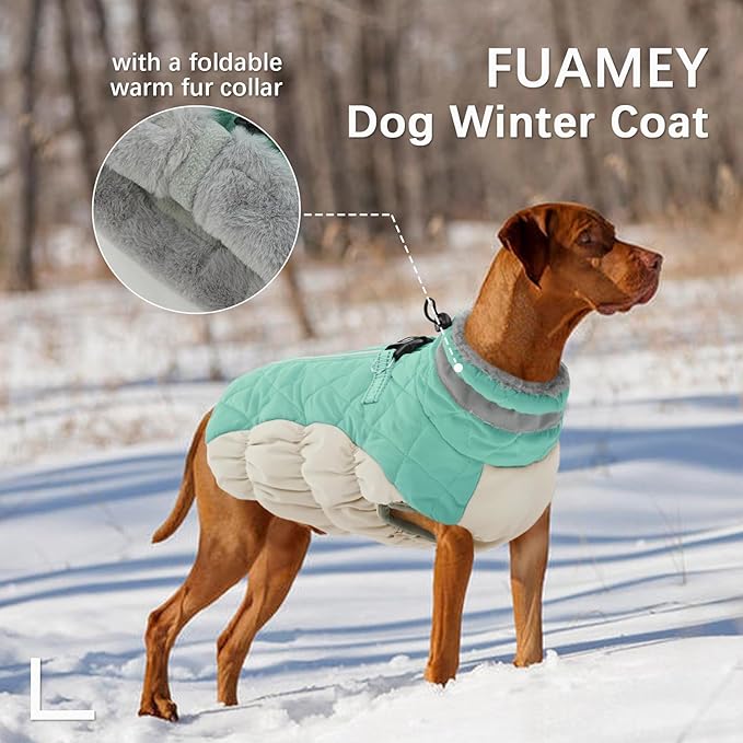 FUAMEY Dog Coat for Small Dogs,Waterproof Dog Winter Jacket with Harness Built in Puppy Cold Weather Coats Reflective Pet Vest with Zipper Warm Fleece Dogs Snowsuit Windproof Mint Green XS