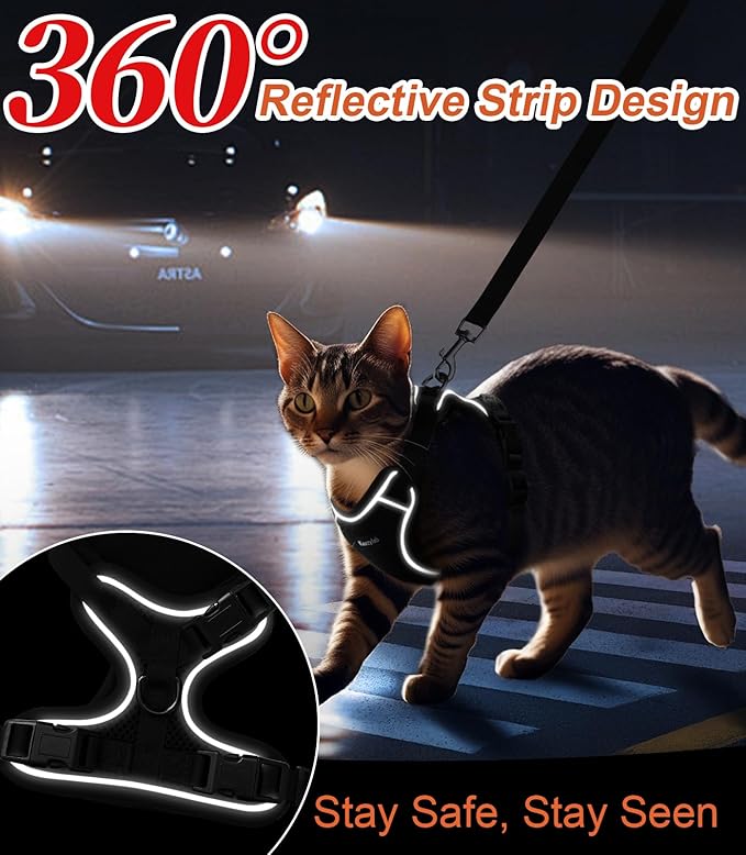 Cat Harness and Leash for Walking Escape Proof Soft Adjustable Cat Leash Breathable Comfortable Vest Easy to Wear Kitten Harness for Outdoor Travel (Black, XS (4-6lb))
