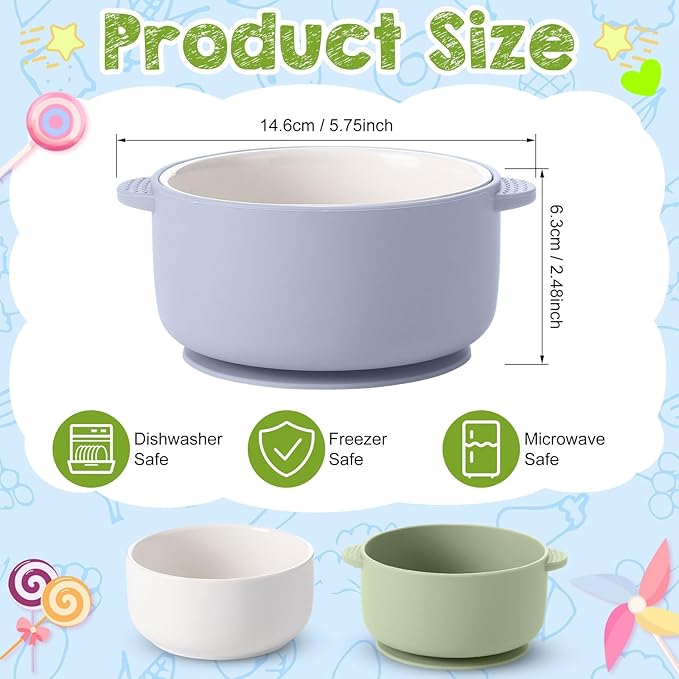 Domensi 2 Sets Kids Porcelain Bowls with Suction Sleeves Toddler Suction Bowl Upgrade Durable Microwave Dishwasher Safe Cereal Soup Snack Dishes for Baby Children Feeding Supplies (Blue and Green)