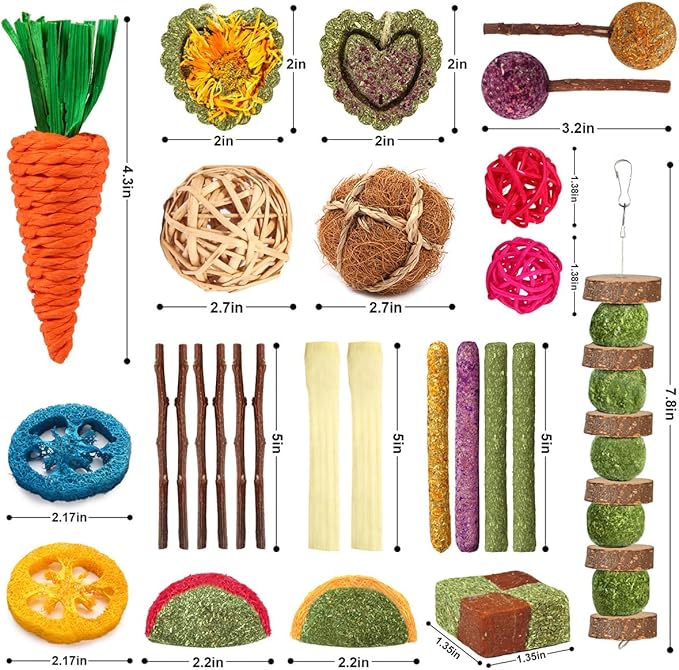 YIXUND Rabbit & Guinea Pig Toys - Natural Timothy Hay & Apple Wood Sticks for Teeth Care - Handmade for Hamster, Bunny, Chinchilla (27 Pcs)