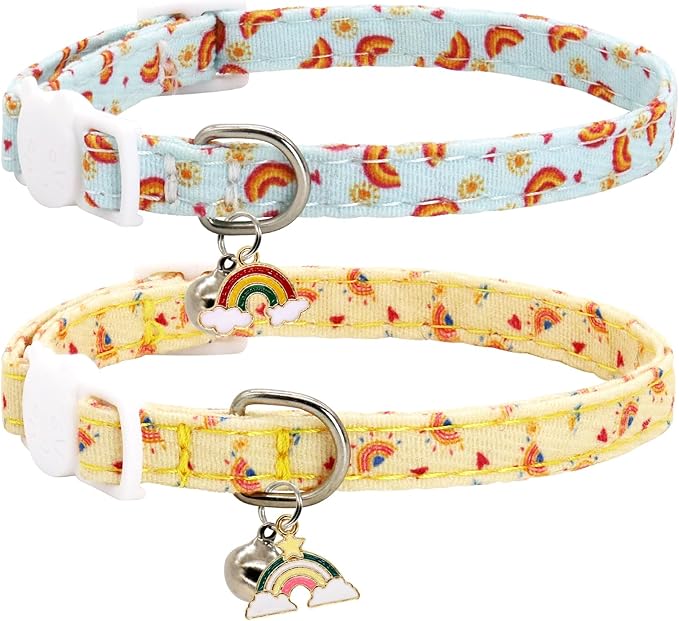 Cat Collars for Girl Cats & Boys, 2 Pack Soft Cotton Breakaway Collar with Removable Bell and Cute Charms, Adjustable Safety Pet Necklace, Rainbow