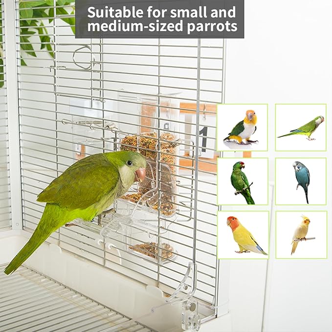 No Mess Automatic Bird Feeder & Water Dispenser Set, Transparent Parrot Cage Accessories - Food Container and Drinker for Parakeets, Cockatiels, Finches, Lovebirds, Budgies, Canaries