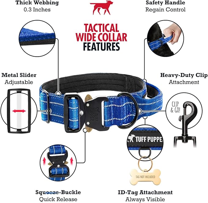 Tuff Pupper Tactical Dog Collar | Heavy Duty 1.5" Wide Ballistic Nylon | Training Control Handle | Quick-Release Metal Buckle | Reflective Bands | ID Tag Holder | Padded Inner Lining (Blue, Medium)