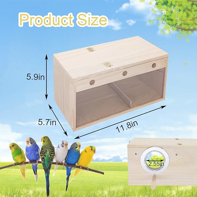 Tfwadmx Parakeet Nesting Box, Transparent Bird Nest Breeding Box, Wood Parrot Nest Box with Perch Bird Cage House for Cockatiel Lovebirds Budagie Canary Finch(L)