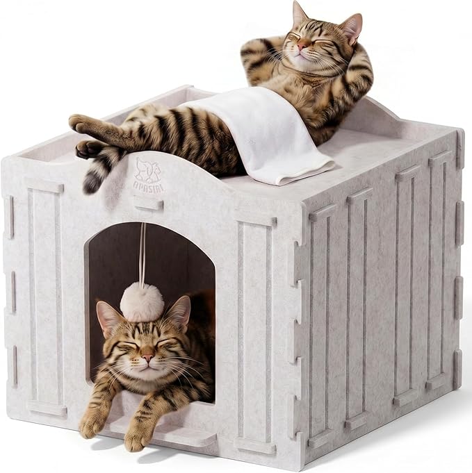 Apasiri Cat Bed Cave for Indoor Cats: New Felt Cat Bed with Fluffy Ball, Foldable Cat House with Scratch-Resistant Board, Hideaway Cat Cave for Timid Cats, Sturdy Two-Tier Cat Condo & Cat Houses