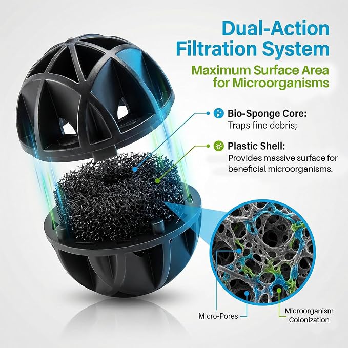 RAINFLOW 100 Pcs Aquarium Bio Balls - Black Sump Filter Media with Sponge | Biological Filtration Balls for Koi Pond Fish Tank Canister Air Pump, Pond Media for Outdoor Waterfall Filters with Mesh Bag