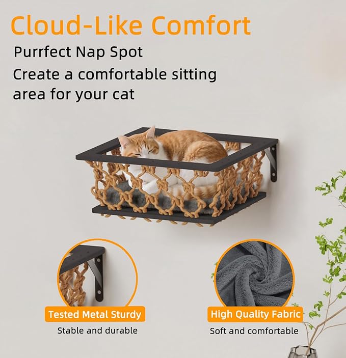 5-in-1 Cat Wall Shelves Set with Hammock, Wall-Mounted Cat Furniture Includes Condo, Bridge, Ladder & Steps for Indoor Cats, Safe & Stable (Dark Gray)