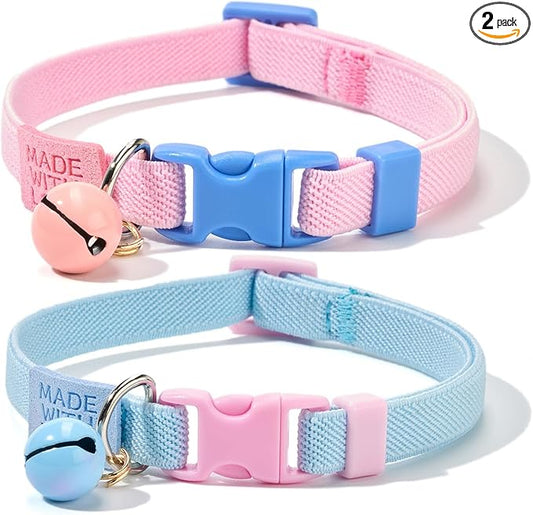 Elastic Cat Collar 2 Pack of Safety Quick Release Cat Collars with Bell Anti-Suffocation Kitten Puppy Collars(Pink+Blue)