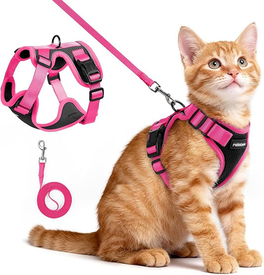 rabbitgoo Cat Harness and Leash Set, Escape Proof Soft Adjustable Vest Harnesses for Outdoor Walking, Easy Control Breathable Kitten Jacket with Reflective Strips, Black & Rose Pink, XS
