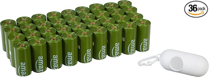 Amazon Basics Premium Leak Proof Dog Poop Bags with Dispenser and Leash Clip, Unscented, 13" x 9", 540 Count (36 Rolls of 15)