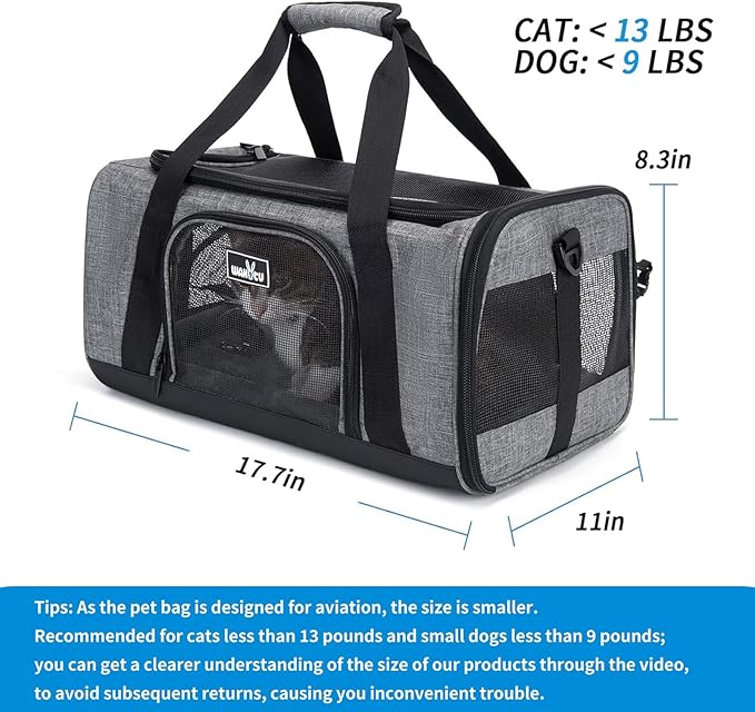 Wakytu Airline Approved Pet Carrier, TSA Approved Soft Sided Travel Bag for Small Dogs Cats, 5 Mesh Windows & Padded Shoulder Strap for Plane Underseat, 17.7"x11"x8.3"