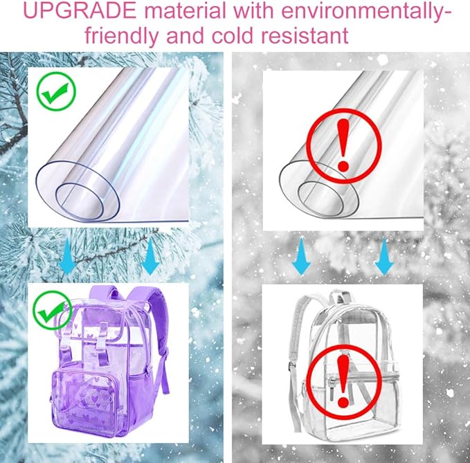 17" Love Heart Clear Backpack for Girls - 3Pcs Flip Design Stadium Approved Set, Campus/Travel Transparent Bookbag (Purple)