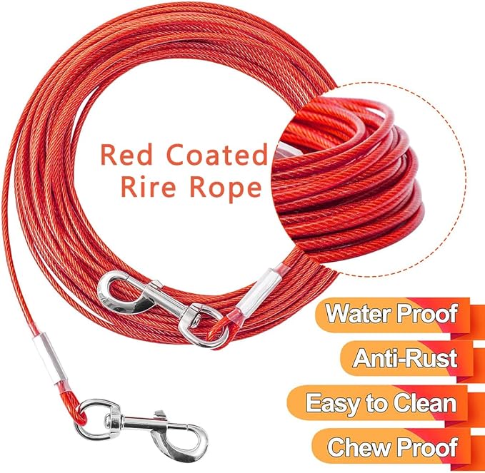 Tie Out Cable for Dogs,10/20/30/50/100FT Dog Leads for Yard Chew Proof,Heavy Duty Tie Out Cable for Large Dogs Up to 125lbs,Dog Runner Tether (Red, 125Ibs 50ft)