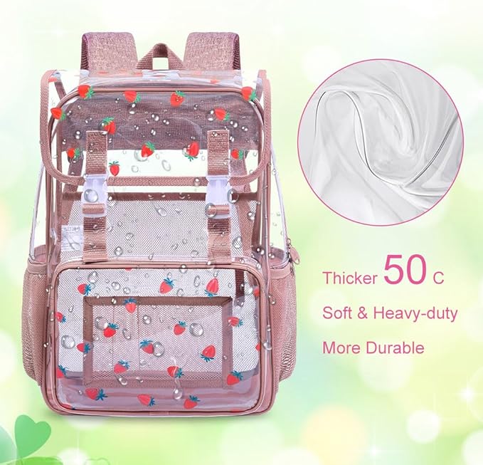 17" Strawberry Clear Backpack for Girls - 3Pcs Flip Design Stadium Approved Set, Campus/School Transparent Bookbag (Pink)