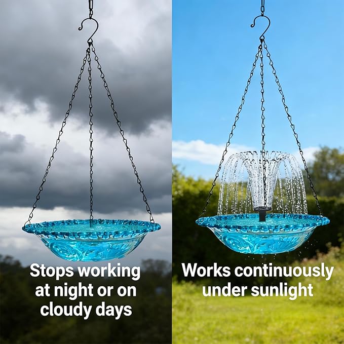 Solar Bird Bath Hanging with Fountain for Outdoors 15.7 Inch Metal Chains, Weather-Resistant Hanging Wildbird Feeder & Bath Tray for Garden, Patio