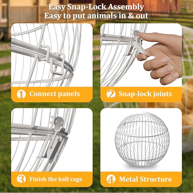 SORENCUT 17.7 Inch Metal Chicken Ball Cage, Large Rolling Chicken Ball Cage with Secure Snap-Lock Closure, Easy Assembly Outdoor Chicken Exercise Enclosure for Small to Medium Chickens