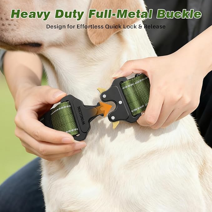 WINGOIN Tactical Dog Collar, Reflective Dog Collar with AirTag Holder for Large Dogs, Metal Buckle, Heavy Duty, Nylon Control Handle for Hunting, Training, Walking, Green, XL