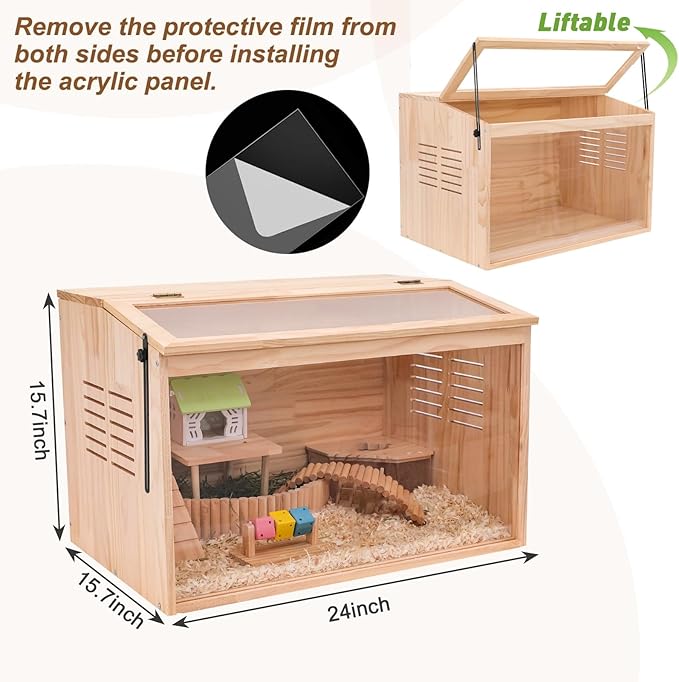 Wooden Hamster Cage,24" Lx16 Wx16 H,Animal Cabinet for Dwarf Syrian Hamsters Degus, Hamster Habitat with Openable Top and Large Acrylic Sheets.