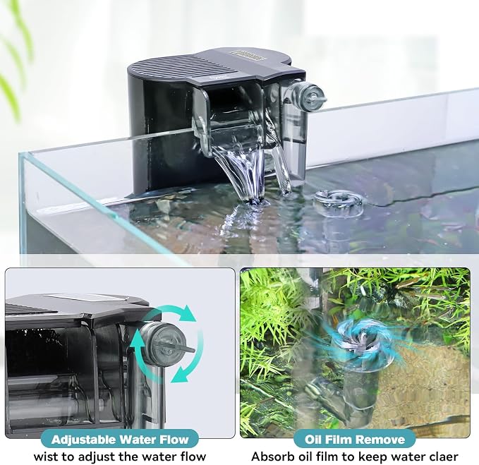 hygger Hang On Back Aquarium Filter, Fish Tank Filter for Tank Up to 5 Gal | Small Waterfall Filtration System, Adjustable Water Flow with Surface Skimmer, Replaceable Sponge Quiet Hanging Filter