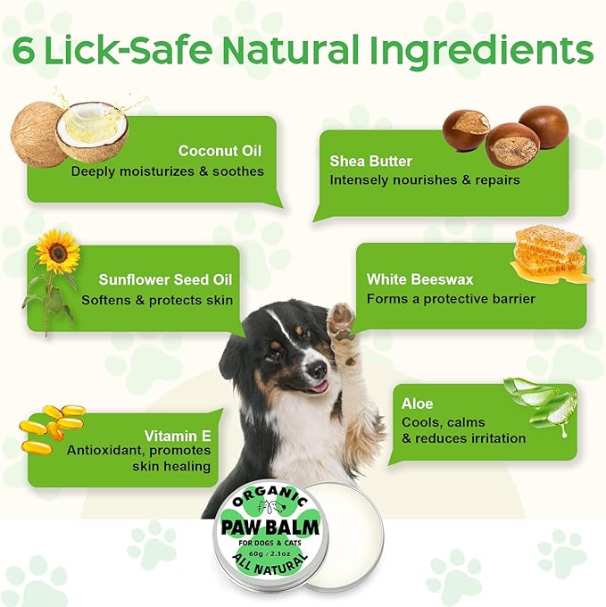 Dog Paw Balm & Nose Balm (2.1oz ), Lick-Safe | All-Natural Dog & Cat Paw Protector Soother with Organic Coconut Oil for dog Dry and Cracked Paws, Nose, Elbows for Hot Pavement & Winter Protection