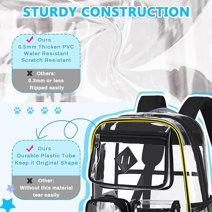PIG PIG GIRL Clear Backpack for School,Heavy Duty PVC Transparent Bookbag for Girls Stadium Approved See Through Backpack