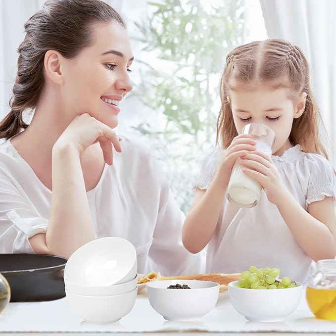 AntoKueh White 4.56" Small Cereal Bowls Set of 6, 12 Oz Porcelain Dessert Bowls for Ice Cream, Yogurt, Rice & Pudding, Microwave & Dishwasher Safe