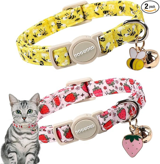 2 Pack Bee Cat Collars Breakaway with Bell, DOGWONG Safety Buckle Cute Strawberry Cat Collar for Girl Boy Cats，Adjustable 7-12 Inch