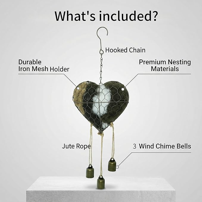 Handmade Alpaca Fiber Bird Nesting Heart Material with 3 Bells, Metal Wire Cage Holder for Wild Birds Hummingbirds Goldfinches, Refillable Garden Decor & Bird Lover Gift