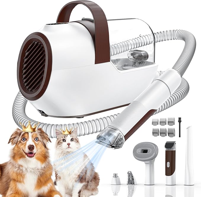 Dog Grooming Vacuum, Dog Grooming Kit with Pet Clipper Nail Grinder, 3 Suction Modes Dog Brush Vacuum with 6 Pet Grooming Tools(Camel)