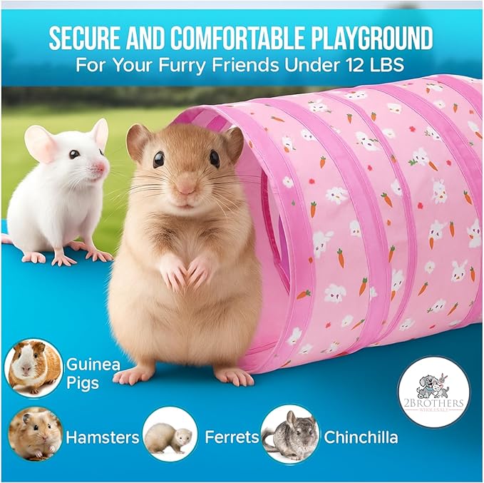 Tunnels with 3-Way Entrance - Cozy, Washable Guinea Pig Hideout - Interactive Cage Toys (Pink Bunnies)
