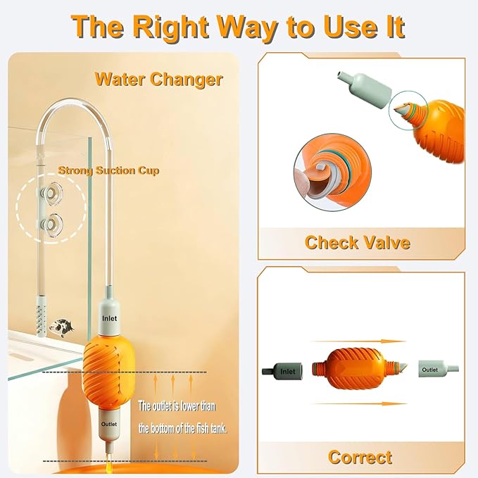 Carefree Fish Aquarium Siphon Vacuum Water Changer Kit for 3~10Gal Tank with 6Ft Water Hose Gravel Cleaner Cleaning Tools Collect Fish Poops and Long Handle Multifunctional Algae Brush