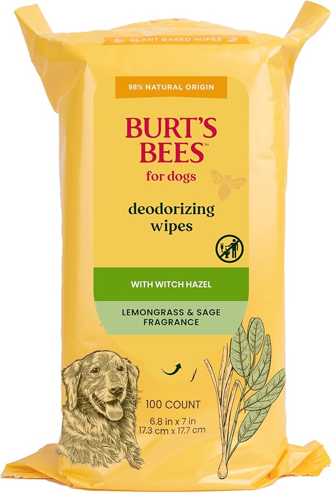Burt’s Bees for Pets Dog Wipes for Daily Grooming with Witch Hazel - Deodorizing Wipes That Clean Paws and Face, 98% Natural Origin, Waterless Bath Formula, 100 Count