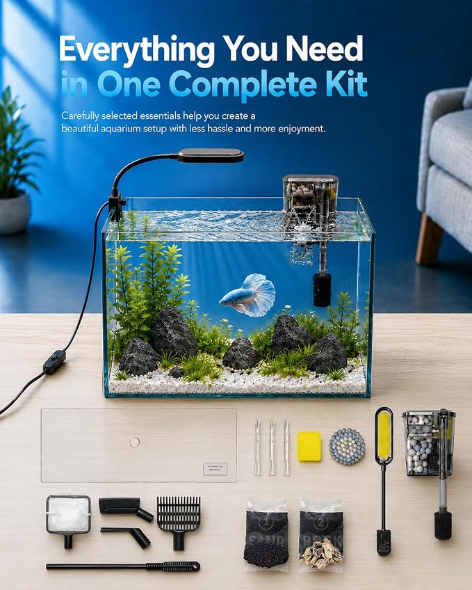5-Gallon Ultra-Clear Glass Fish Tank Starter Kit, LED Light, Reusable 3-Stage Filter, Lid, Easy Maintenance Rimless Aquarium for Betta and Small Fish