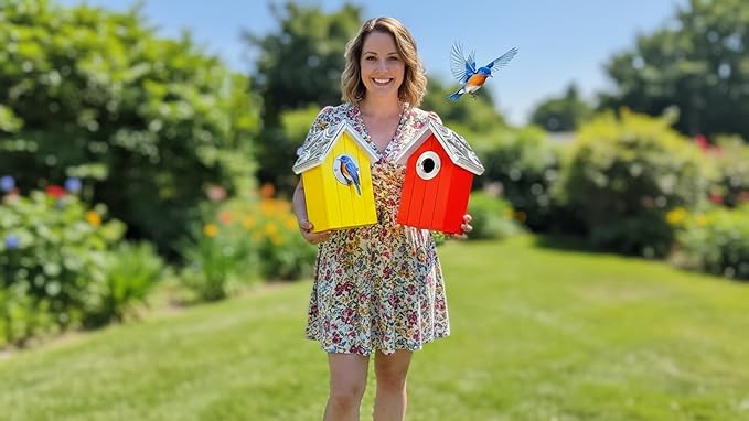 2PK Cedar Bluebird House, Wooden Bird House for Outside, 1.5" Entrance Hole Size, Stainless Steel Entrance Hole Protector, Silver Metal Roof, Colorful Garden Decorative, Pole Mountable (Yellow+Red)