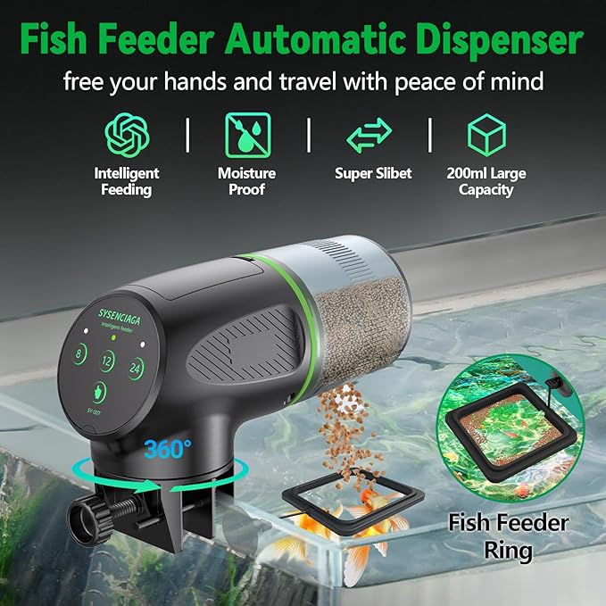 Automatic Fish Feeder for Aquarium, Auto Food Dispenser with Timer, 200 ml Fish Feeder for Pellets Granules & Strips, 360° Rotation Automatic Fishs Dispenser for Small Tank, Big Aquariums & Pond
