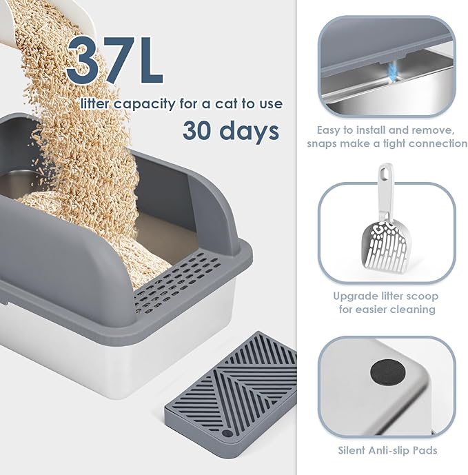 Suzzipaws Enclosed Stainless Steel Cat Litter Box with Lid Extra Large Litter Box for Big Cats XL Metal Litter Pan Tray with High Wall Sides Enclosure, Non-Sticky, Anti-Leakage (Grey)