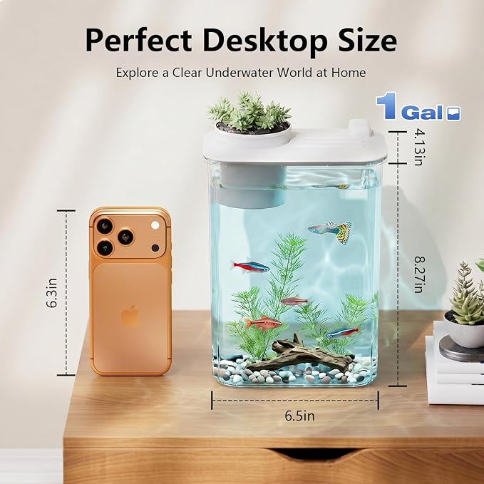 1 Gallon Betta Fish Tank Aquarium Starter Kit with Light and Lid(White) | Premium Acrylic Aquarium with Light and Lid, Crystal Clear Starter Kit for Betta Fish, Shrimp, Snails and Small Fish