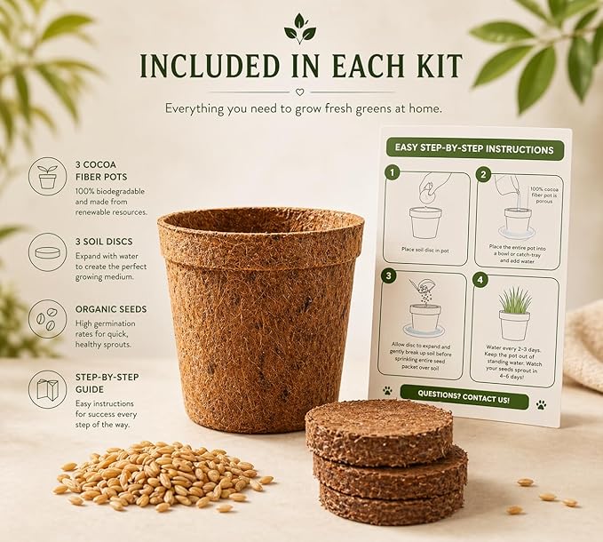 Cat Grass Kit for Indoor Cats - Organic Cat Grass Growing Kit (3 Pack) with Soil Discs, Coco Fiber Pots & Organic Seeds - Natural Hairball Control & Digestion Remedy
