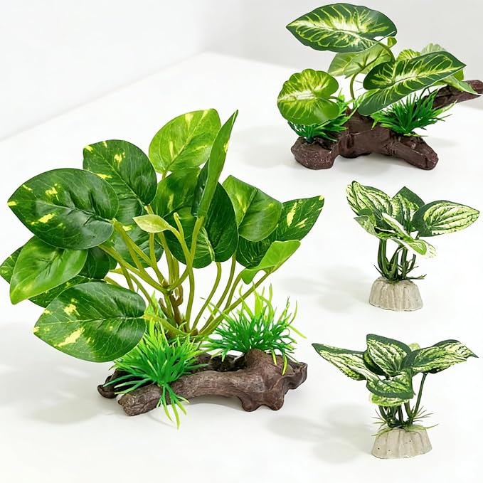 Silk Aquarium Plants Decor, 4PCS Realistic Fish Tank Plants Set with 1 Large 1 Medium 2 Small Artificial Underwater Weeds, Soft Betta Fish Tank Decorations for Aquascaping & Reptile Habitat