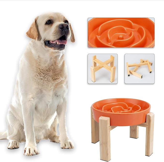 Elevated Slow Feeder Dog Bowl Large Breed, 8.8 Inch Ceramic Slow Eating Bowl with Bamboo Stand, Anti-Choking Raised Maze Design for Medium to Large Dogs, 3.2 Cup, Orange