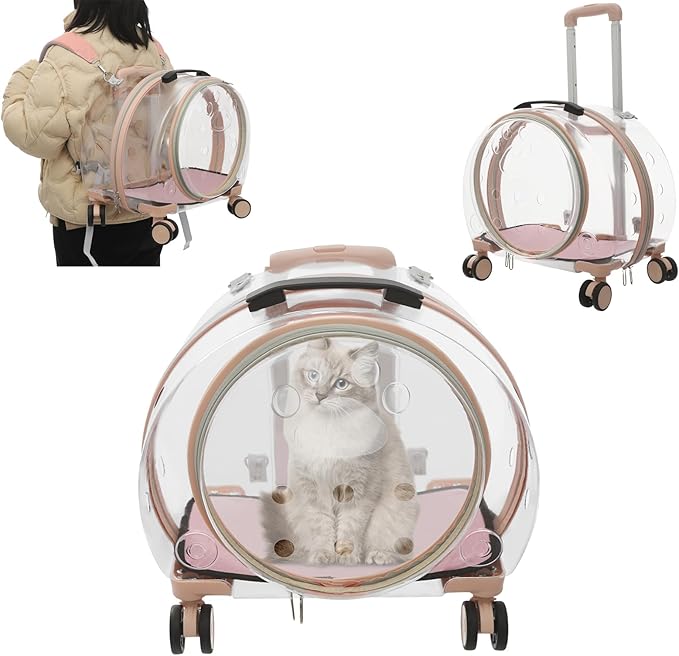 Cat Carrier with Wheels, Breathable Cat Rolling Carrier with Telescopic Handle, Bubble Cat Backpack Carrier, Clear Pet Travel Bag for Small Dogs Pets, up to 19lbs, 15.7" x 10.6" x 17.7" (Pink)