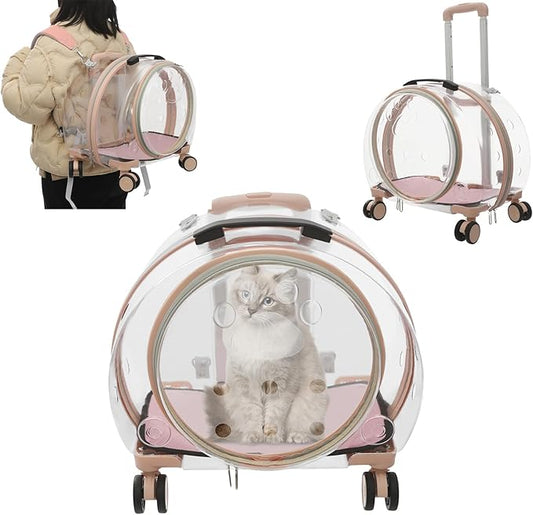 Cat Carrier with Wheels, Breathable Cat Rolling Carrier with Telescopic Handle, Bubble Cat Backpack Carrier, Clear Pet Travel Bag for Small Dogs Pets, up to 19lbs, 15.7" x 10.6" x 17.7" (Pink)