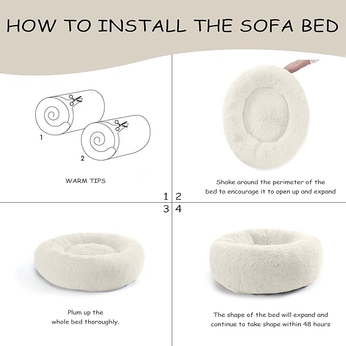 Bunlitent 39'' inch Calming Dog Bed, Anti-Anxiety Donut Bed for Medium Large Dogs, Warming Cozy Soft Cute Round Washable, Marshmallow Cuddler Nest Puppy Dogs and Cats Bed, White