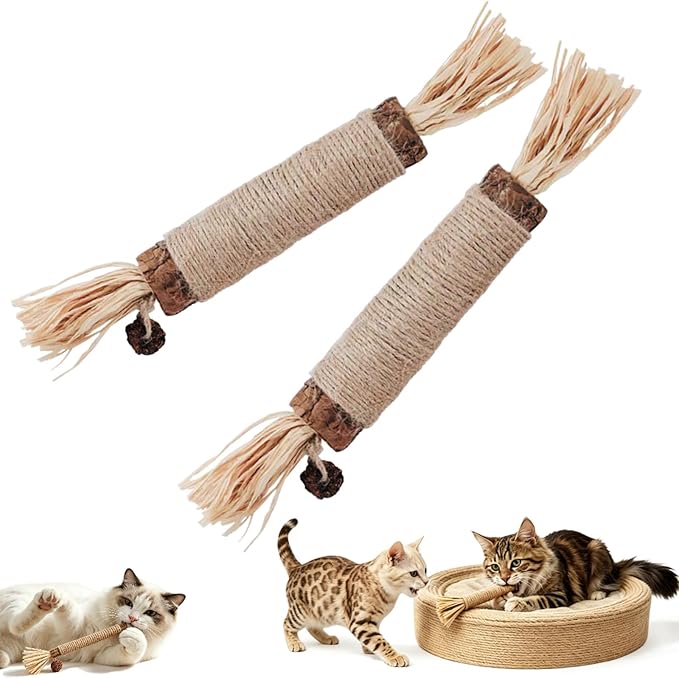 Natural Silvervine Dental Sticks, Silver Vine Sticks Cats with Raffia, Chew Sticks for Cats, Cat Chew Rope for Enrichment Pet Supplies, Calm Cat Boring (Large-2PCS)