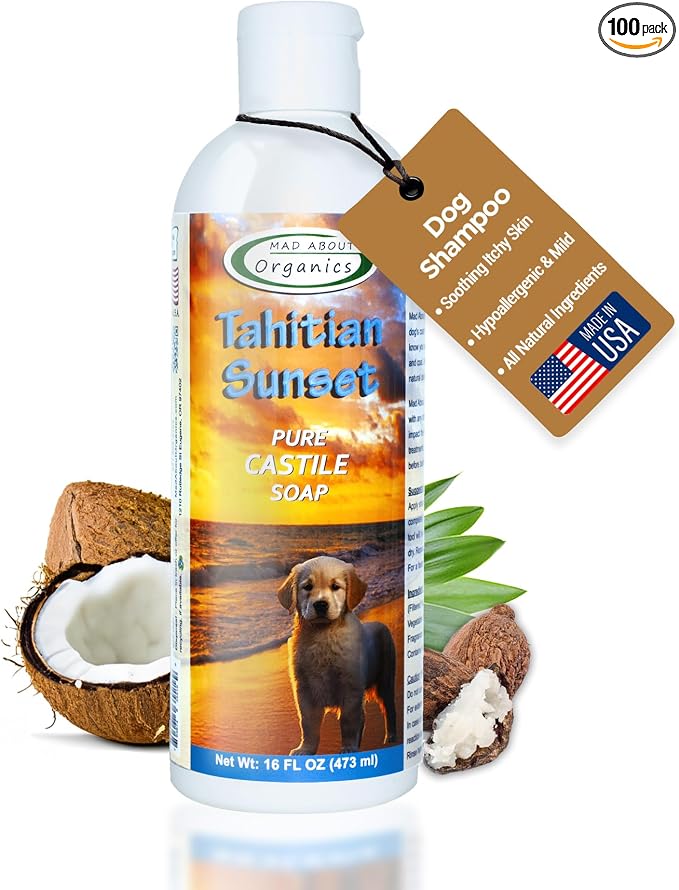 Tahitian Sunset Dog Shampoo - Pure Castile Soap with Essential Oils, Gentle & Conditioning Formula for All Coat Types, Suitable for Dogs 4 Weeks & Older, Mild Scent, 16 oz