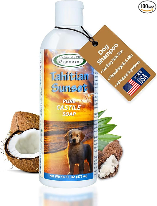 Tahitian Sunset Dog Shampoo - Pure Castile Soap with Essential Oils, Gentle & Conditioning Formula for All Coat Types, Suitable for Dogs 4 Weeks & Older, Mild Scent, 16 oz