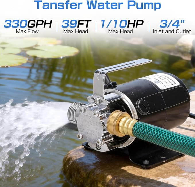 D-Honor Water Transfer Pump 115V 1/10 HP 330 GPH with 6 feet Water Hose Kit | Portable Electric Utility Trash Pump, Transfer Water from Garden, Hot Tube, Ponds, Pool, Rain Barrel, Aquariums